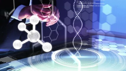 Poster - Animation of molecule and data processing over caucasian businessman touching screen with dna strand