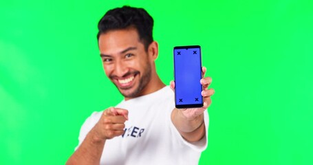 Wall Mural - Green screen, volunteer and man with phone, pointing for support, charity and community service sign up. Technology, advertising and portrait of male person register for ngo, nonprofit and donation