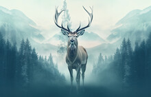 Double Exposure Of A Deer Portrait And A Beautiful Foggy Landscape Of A Pine Forest.