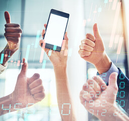 Aufkleber - Phone mockup, overlay and people data, graphs or app and thumbs up for success, social media like or algorithm. Yes, subscribe and group person hands on mobile screen in stock market or trading ux