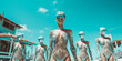 Hübsche Frauen futuristisch in Cyberpunk Cyborgs am türkisblauen Strand am Meer, ai generativtiv