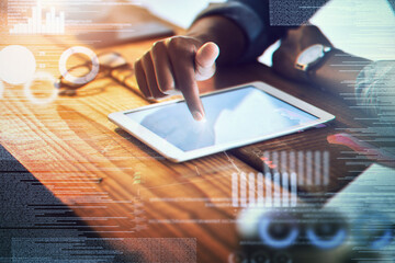 Poster - Hand, tablet and overlay with an entrepreneur man in a coffee shop for remote work as a freelance employee. Technology, digital and future with a business male sitting in a cafe for internet research