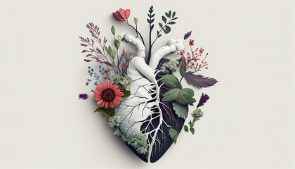 human heart full of life, flowers and plants on a neutral background. heart health concept.