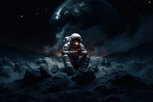 Lonely Astronaut Using Mobile Phone In Space, Generative Ai Illustration