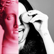 Abstracy plaster statue head holding cake macaroons near her face and shows tongue in pop art style tinted pink with black and white part, trendy contemporary collage