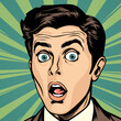 Surprised young man with wide open eyes and open mouth, vector illustration in retro pop art comic style