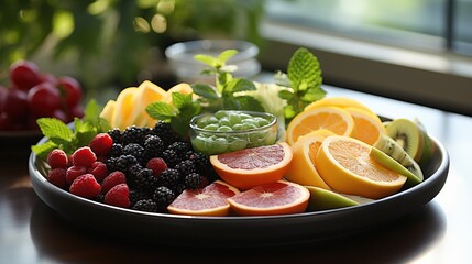 Poster -  a plate of fruit with a green smoothie in the middle.  generative ai