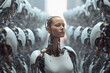 Cyborg woman standing between row of robots from both sides. Technology, AI, Humanoid robot and future concept.