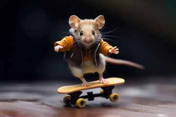 mouse wearing puffer outfit skateboarding, made with generative ai