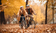 canvas print picture - Fahrrad fahren im Herbst, lachende Senioren, generative AI