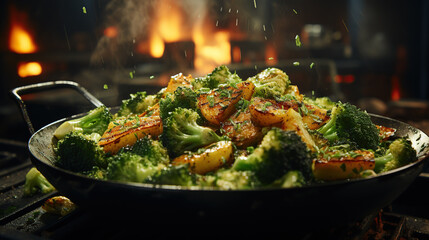 Wall Mural - Cook fries broccoli