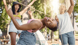 Fototapeta  - Happy, portrait and friends playing limbo for freedom, holiday games and camping activity. Smile, summer and a black woman having fun with a rope and social people while on vacation in a forest