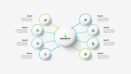 Fototapete - Central big circle with 8 small circles on both sides, connected by thin lines. Abstract flowchart infographic