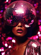 A Mesmerizing Woman Adorned In A Dazzling Magenta Light-reflecting Mask Glides Across The Room, Embodying A Sense Of Wild Fashion And Playful Mystery