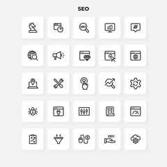 Poster - SEO line icons set. Chess piece, magnifier, hashtag, search, mouthpiece and other elements