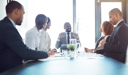 Poster - Meeting, leadership and planning with business people in office for strategy, corporate and teamwork. Support, collaboration and project management with employees for workshop and solution