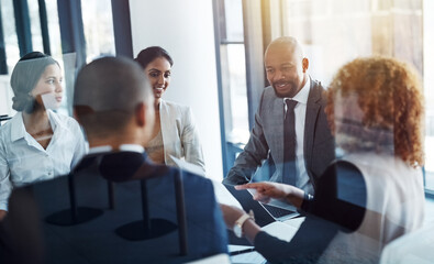 Poster - Meeting, ceo and planning with business people in office for strategy, corporate and teamwork. Support, collaboration and project management with employees in boardroom for workshop and solution