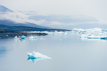 Wall Mural - Icebergs on the coast of Atlantic ocean in foggy morning. Saqqaq village, Greenland.