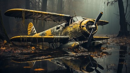 Poster - an old yellow plane in a swamp. Generative AI Art.