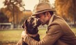 © Enigma - Man with his dog playing in the park, Owner hugs his pet, generative AI
