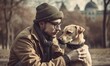 © Enigma - Man with his dog playing in the park, Owner hugs his pet, generative AI