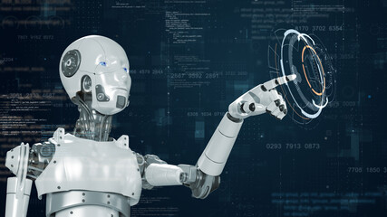 Robot assistant with digital futuristic HUD on typewriter big data matrix simulation abstract background artificial intelligence technology and machine learning concepts