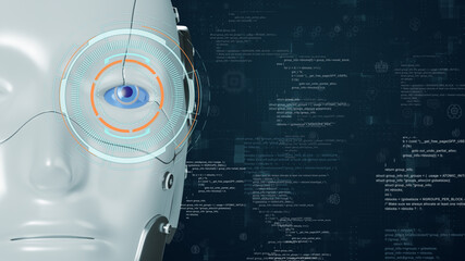Robot assistant with digital futuristic HUD on typewriter big data matrix simulation abstract background artificial intelligence technology and machine learning concepts
