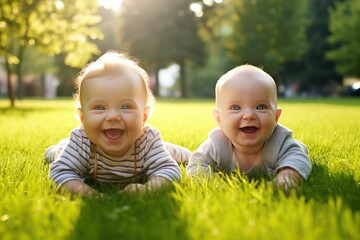 Generative AI Twin babies 6 months old lie cheerfully on the lawn