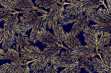 Wall Mural - winter background with golden pine branches on dark blue background.