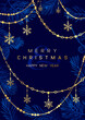 Christmas Poster with pine branches on dark blue background with golden elements. New year illustration.