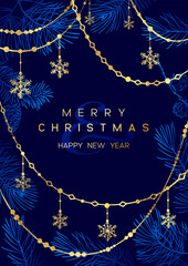 Wall Mural - christmas poster with pine branches on dark blue background with golden elements. new year illustrat