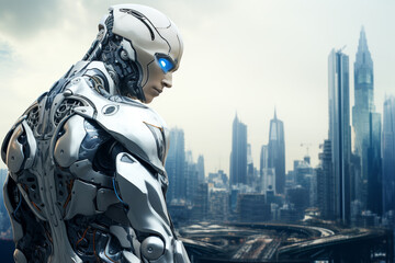 game character in a futuristic cyborg style on the background of the city. back view. ai generative