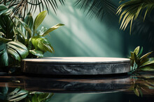 Podium Display With Tropical Plant And Stone On Water Background