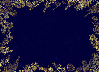 Wall Mural - vector horizontal frame of christmas background with branches of christmas tree and golden elements.