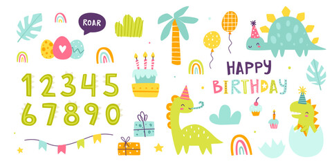 Wall Mural - Dino birthday party set with numbers. Cute doodle dinosaurs celebration collection. Vector bundle with festive dino.