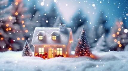 Wall Mural - Christmas house in winter snowy forest. holiday christmas ornament decoration, Copy space. banner and poster. 