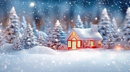 Wall Mural - christmas house in winter snowy forest. holiday christmas ornament decoration, copy space. banner an