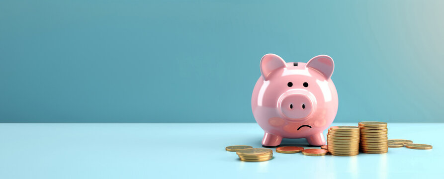 sad and worried pink pig piggy bank next to a few gold coins, isolated on blue background. investmen