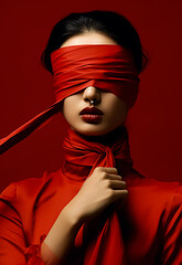 Wall Mural - Blindfolded Asian Attractive model in full makeup, Red Classic Dress, Red scarf, hot look, fashion portrait, Dark Red background made with Generative AI