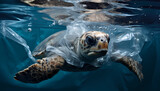 Fototapeta Tęcza - Cute sea turtle with a plastic bag on its body. Sea turtle swimming in the sea. Generative AI