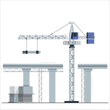 Bridge Construction Illustration. Construction City Bridge Blocks, Cargo Crane Under Clouds, Adjustable Support Columns, Concept Industrial Engineering. Vector Background Style.
