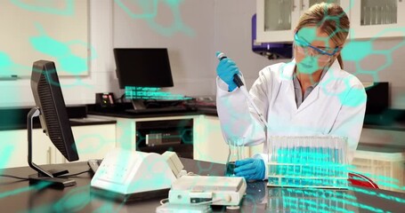 Poster - animation of computer language, molecule structures, caucasian scientist taking liquid sample