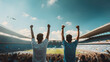 Football, soccer fan support their team and celebrate goal, score, victory. Back view of football, soccer fan cheering their team. Concept of sport, cup, world, event, competition. Generative AI