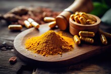 Generative AI Alternative Medicine, Antioxidant Food, And Herbal Remedy Concept Theme With Close Up On Supplement Pill Of Curcumin Or Turmeric.