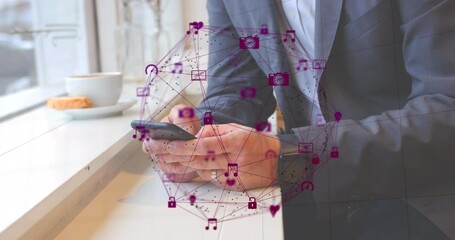 Aufkleber - Animation of connected icons forming glove over midsection of caucasian businessman using cellphone