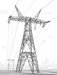 © panimoni - High voltage transmission systems. Electric pole. Power lines. A network of interconnected electrical. Energy pylons. City electricity infrastructure. Gray otlines on white background. Vector design