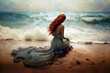 The Little Mermaid Sits With Her Back To The Sand Against The Ocean. Generative AI