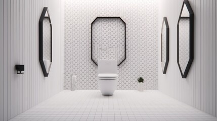 Minimalist toilets.Modern style design with white hexagon tile.3d rendering