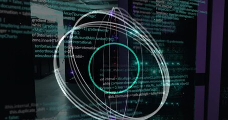 Poster - Animation of abstract circular shapes spinning and data processing against computer server room