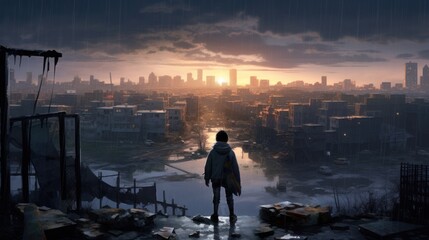 game art piece that captures a significant moment in the middle of a hero's journey through a post -